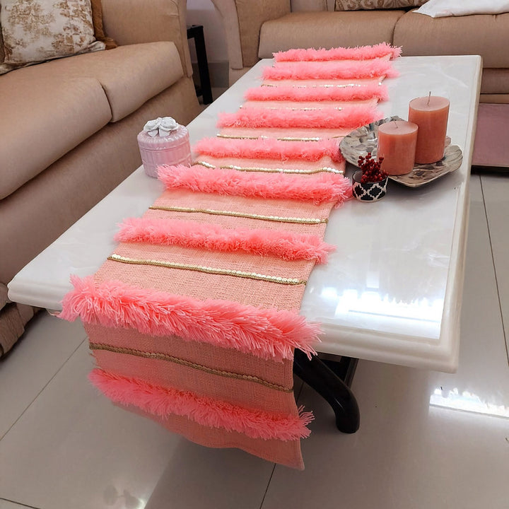 Peach Shag Table Runner | Linen with Gold Sequins | 92-305cm