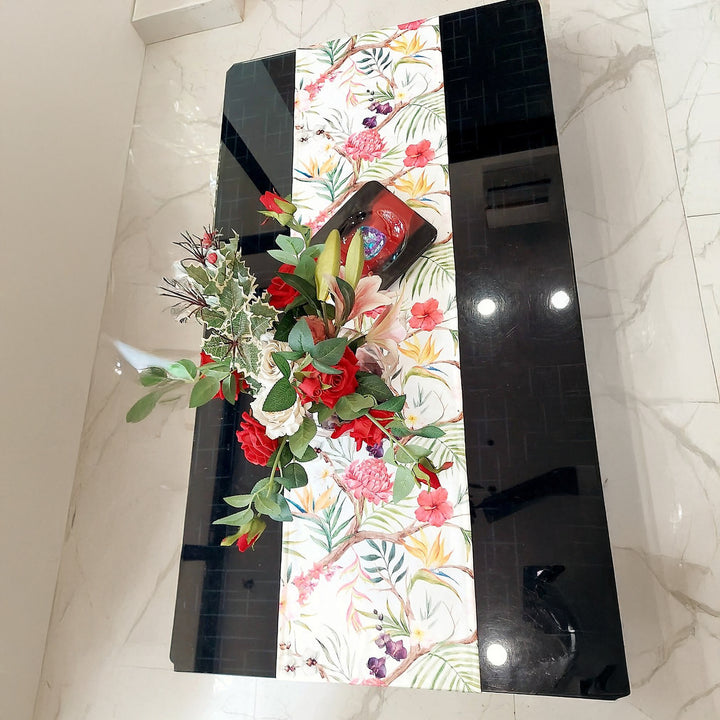 Tropical Floral Table Runner | Organic Linen | Multicolor Tassels | 92-305cm