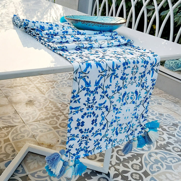 Blue Chinoiserie Table Runner | Linen | Tassels | 92-305cm
