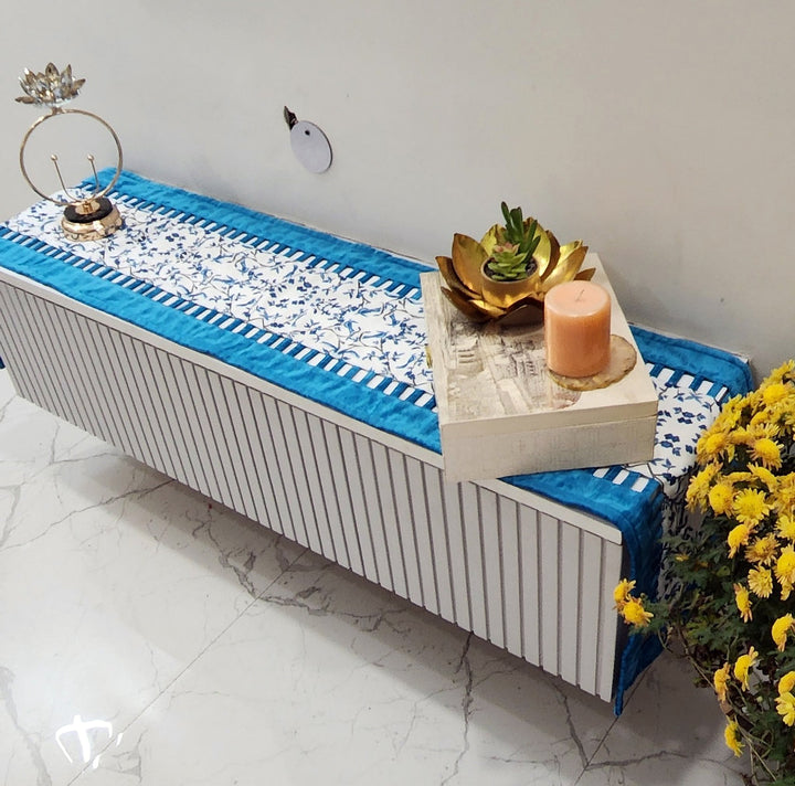 Blue & White Chinoiserie Table Runner | Organic Linen | Cutwork Design | 92-305cm