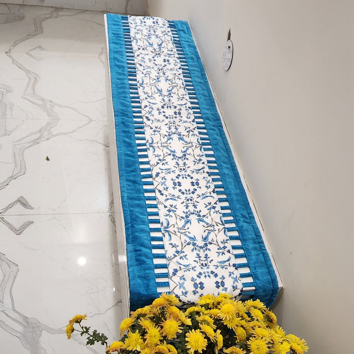 Blue & White Chinoiserie Table Runner | Organic Linen | Cutwork Design | 92-305cm