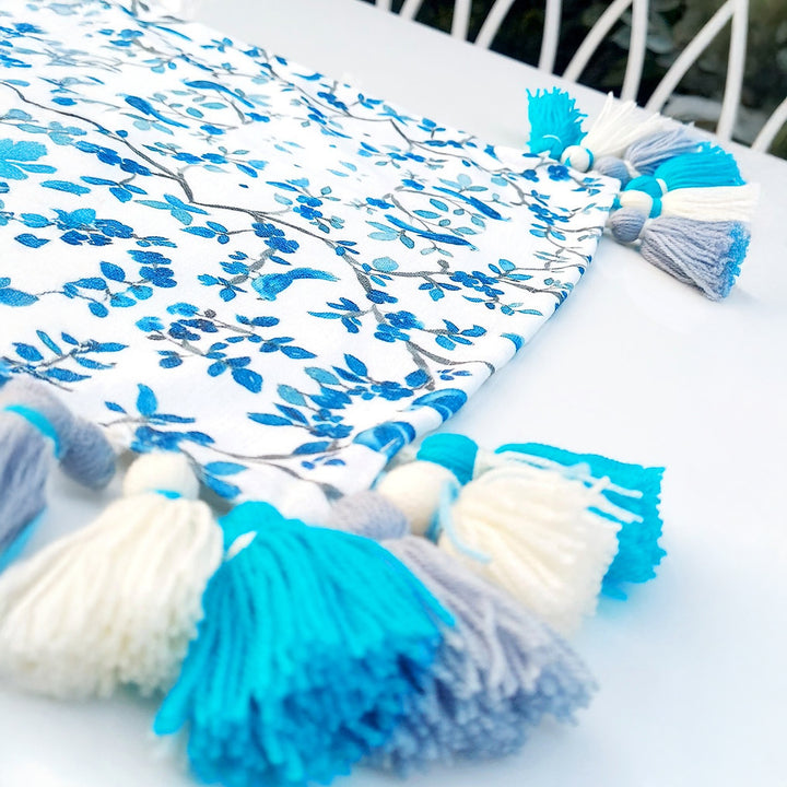 Blue Chinoiserie Table Runner | Linen | Tassels | 92-305cm
