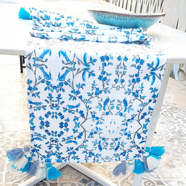 Blue Chinoiserie Table Runner | Linen | Tassels | 92-305cm