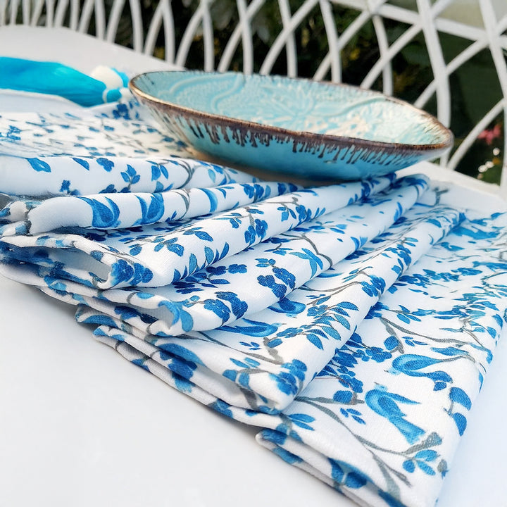 Blue Chinoiserie Table Runner | Linen | Tassels | 92-305cm