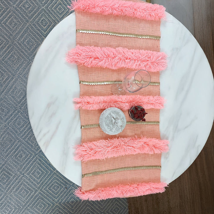 Peach Shag Table Runner | Linen with Gold Sequins | 92-305cm