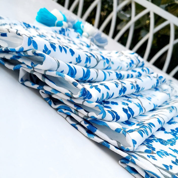 Blue Chinoiserie Table Runner | Linen | Tassels | 92-305cm