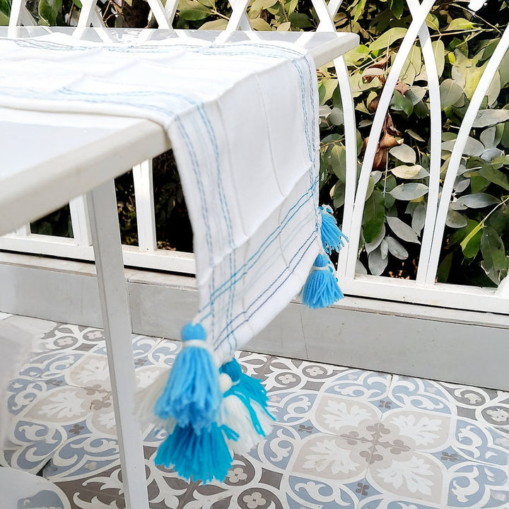White Pintuck Linen Table Runner | Blue Accent Stitching | Tassel Trim | 92-305cm