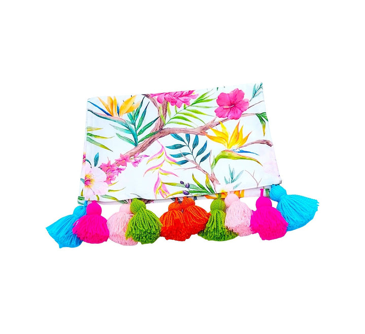 Tropical Floral Table Runner | Organic Linen | Multicolor Tassels | 92-305cm
