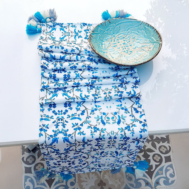 Blue Chinoiserie Table Runner | Linen | Tassels | 92-305cm
