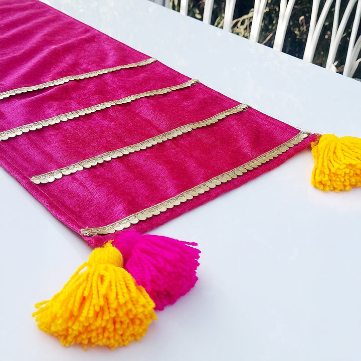 Magenta Velvet Table Runner | Gold Sequin Trim | Tassels | 92-305cm