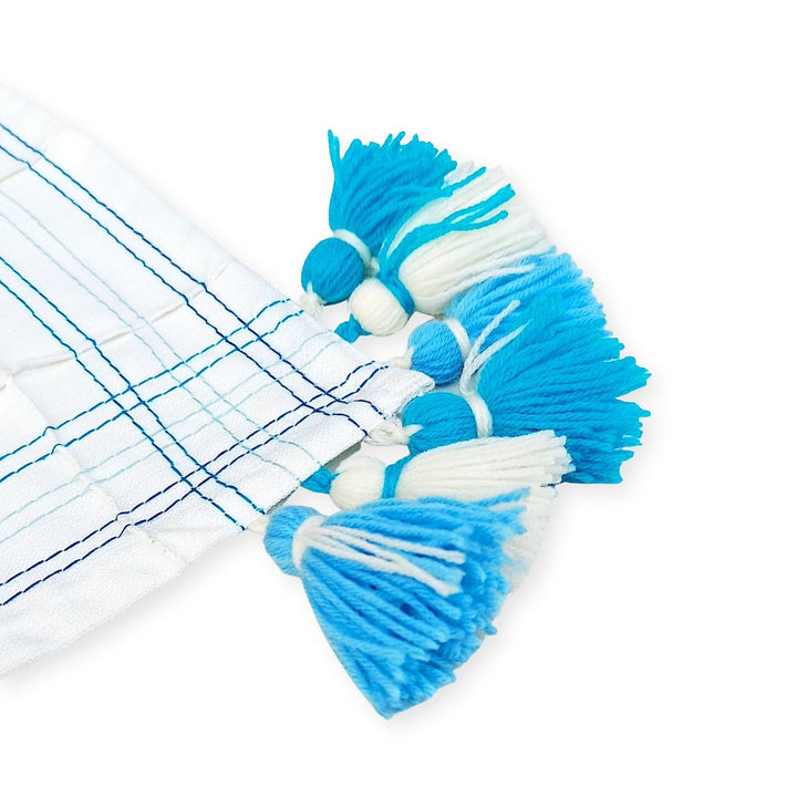 White Pintuck Linen Table Runner | Blue Accent Stitching | Tassel Trim | 92-305cm
