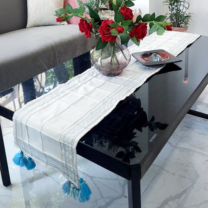 White Pintuck Linen Table Runner | Blue Accent Stitching | Tassel Trim | 92-305cm