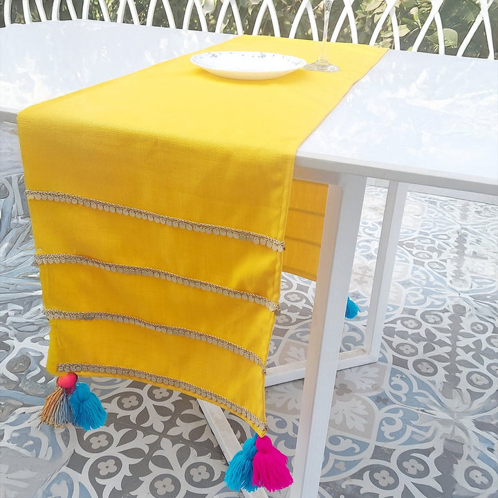 Mustard Yellow Velvet Table Runner | Gold Trim | Tassels | 92-305cm