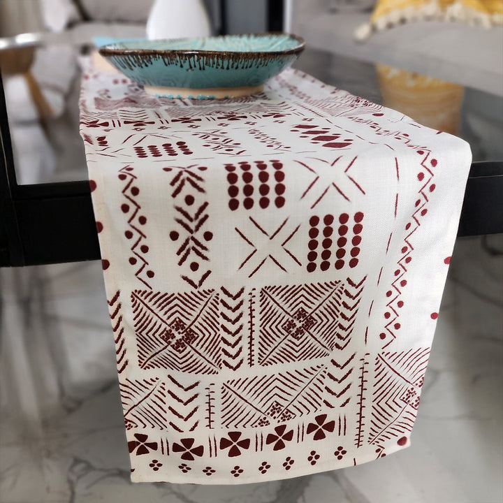 White & Maroon Tribal Table Runner | Organic Linen | Bohemian Style | 92-305cm
