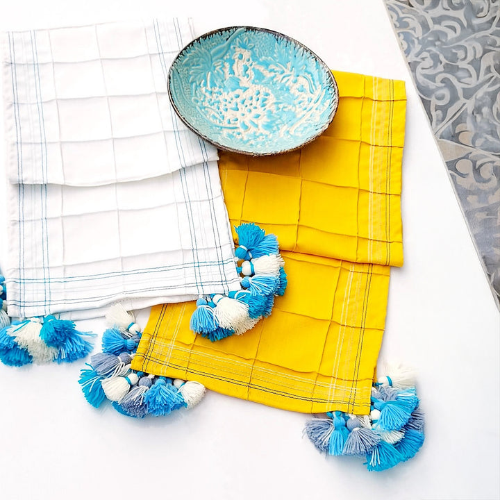 Mustard Yellow Pintuck Table Runner | Organic Linen | Tassel Trim | 92-305cm