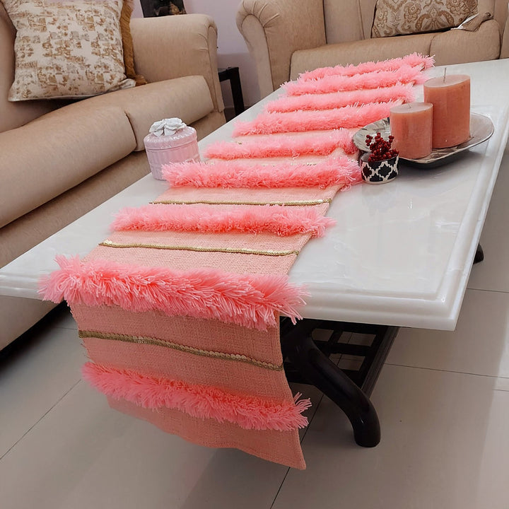 Peach Shag Table Runner | Linen with Gold Sequins | 92-305cm