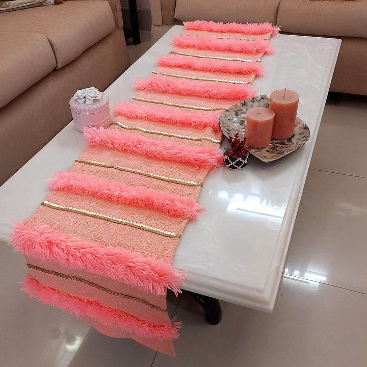 Peach Shag Table Runner | Linen with Gold Sequins | 92-305cm