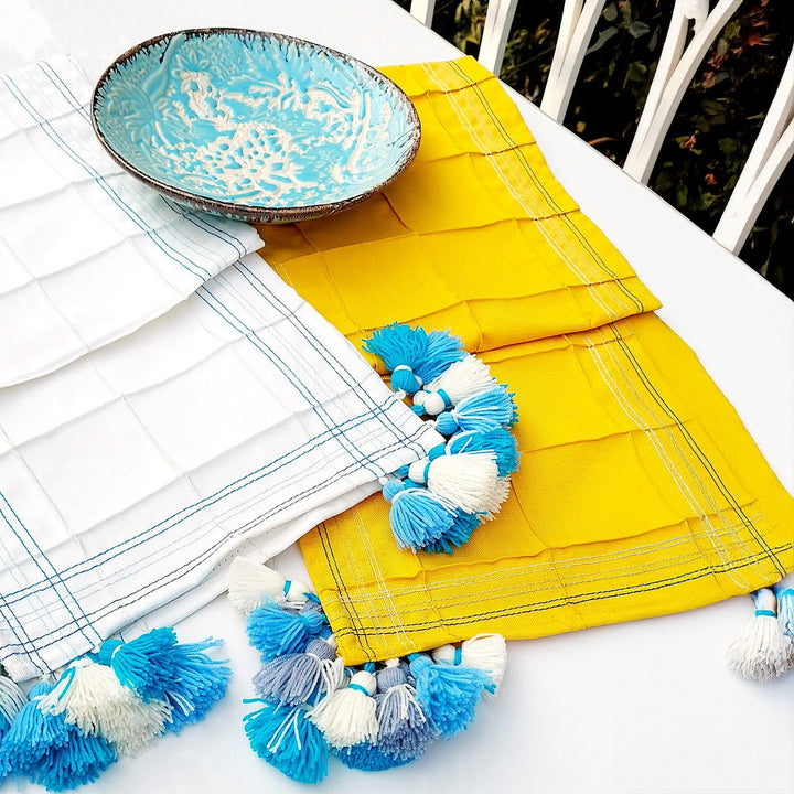 Mustard Yellow Pintuck Table Runner | Organic Linen | Tassel Trim | 92-305cm