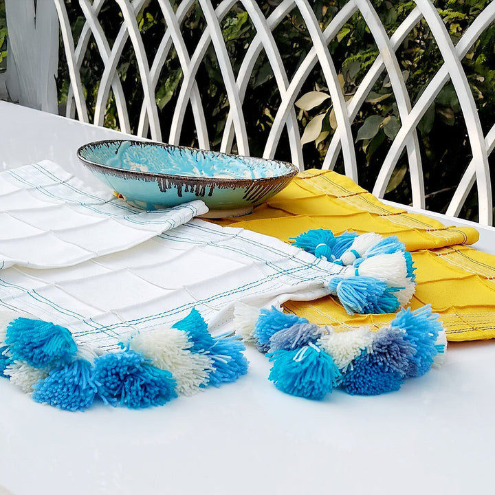 White Pintuck Linen Table Runner | Blue Accent Stitching | Tassel Trim | 92-305cm
