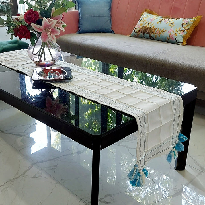 White Pintuck Linen Table Runner | Blue Accent Stitching | Tassel Trim | 92-305cm