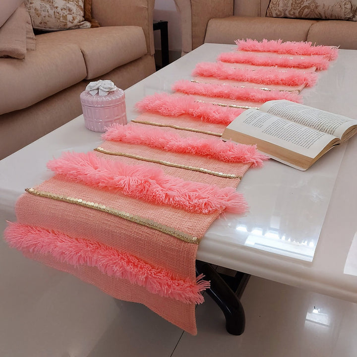 Peach Shag Table Runner | Linen with Gold Sequins | 92-305cm