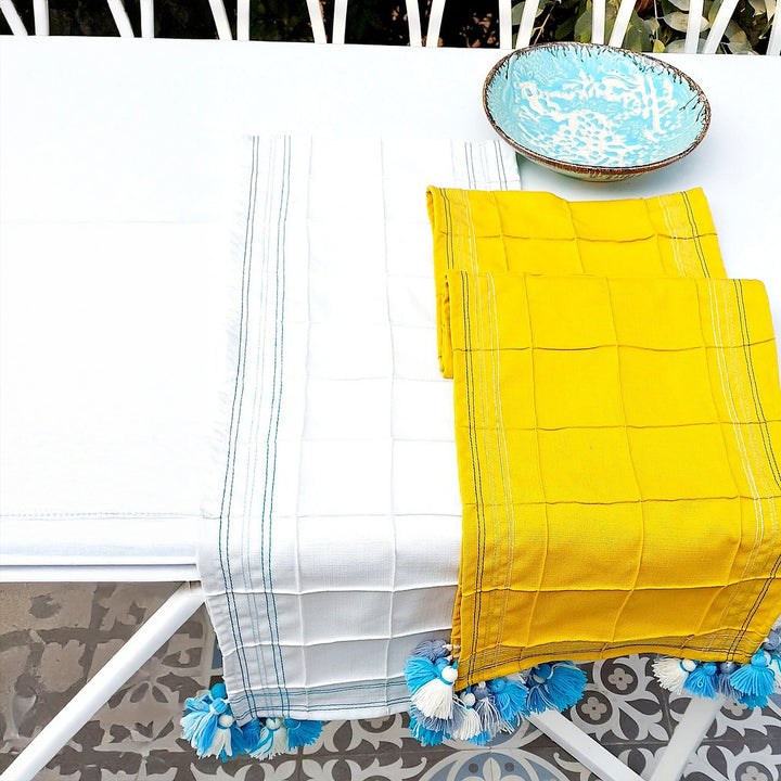 White Pintuck Linen Table Runner | Blue Accent Stitching | Tassel Trim | 92-305cm