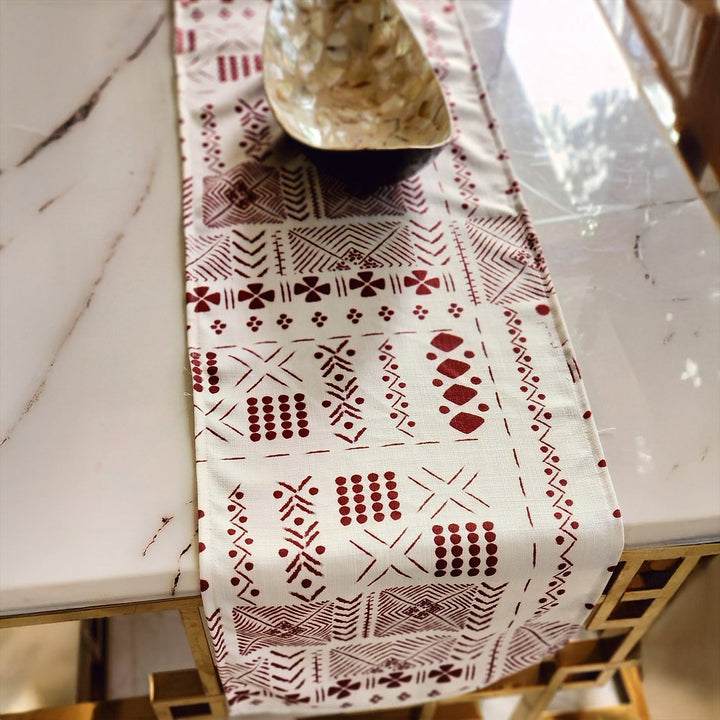 White & Maroon Tribal Table Runner | Organic Linen | Bohemian Style | 92-305cm