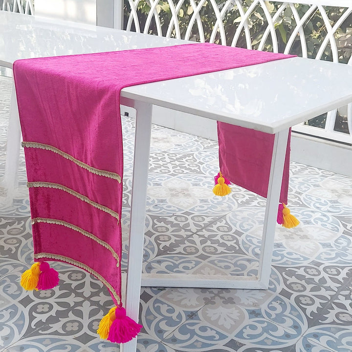 Magenta Velvet Table Runner | Gold Sequin Trim | Tassels | 92-305cm