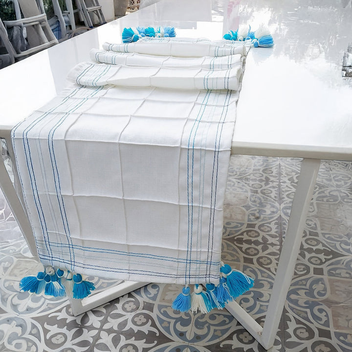 White Pintuck Linen Table Runner | Blue Accent Stitching | Tassel Trim | 92-305cm