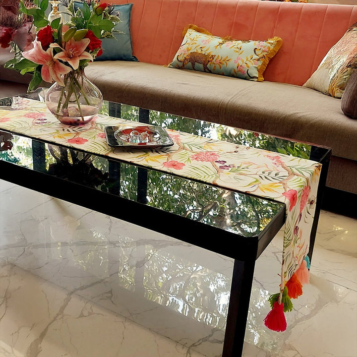 Tropical Floral Table Runner | Organic Linen | Multicolor Tassels | 92-305cm