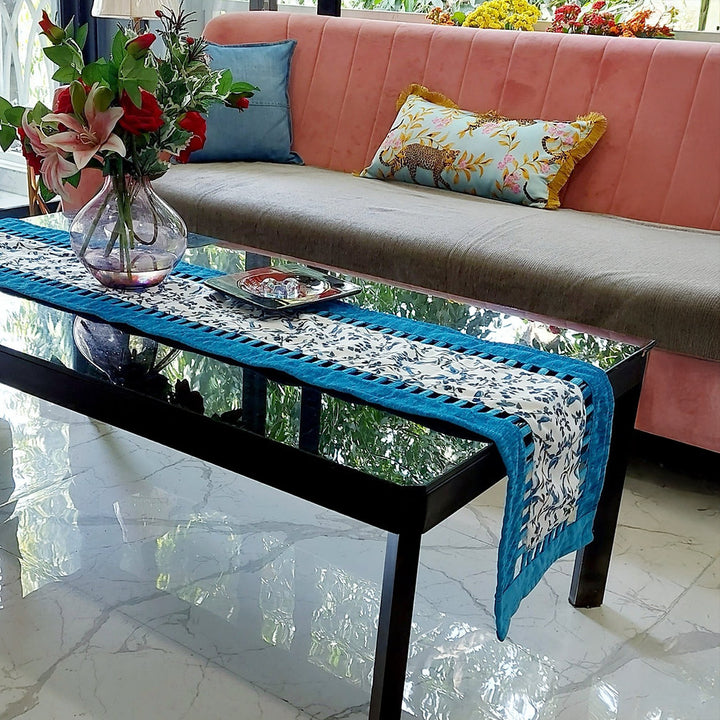 Blue & White Chinoiserie Table Runner | Organic Linen | Cutwork Design | 92-305cm