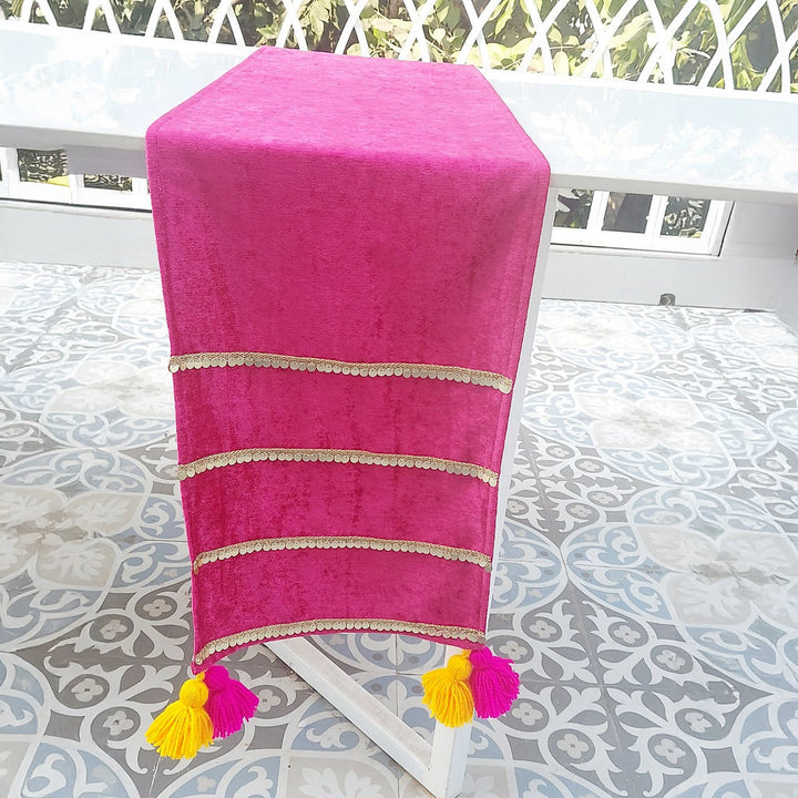 Magenta Velvet Table Runner | Gold Sequin Trim | Tassels | 92-305cm