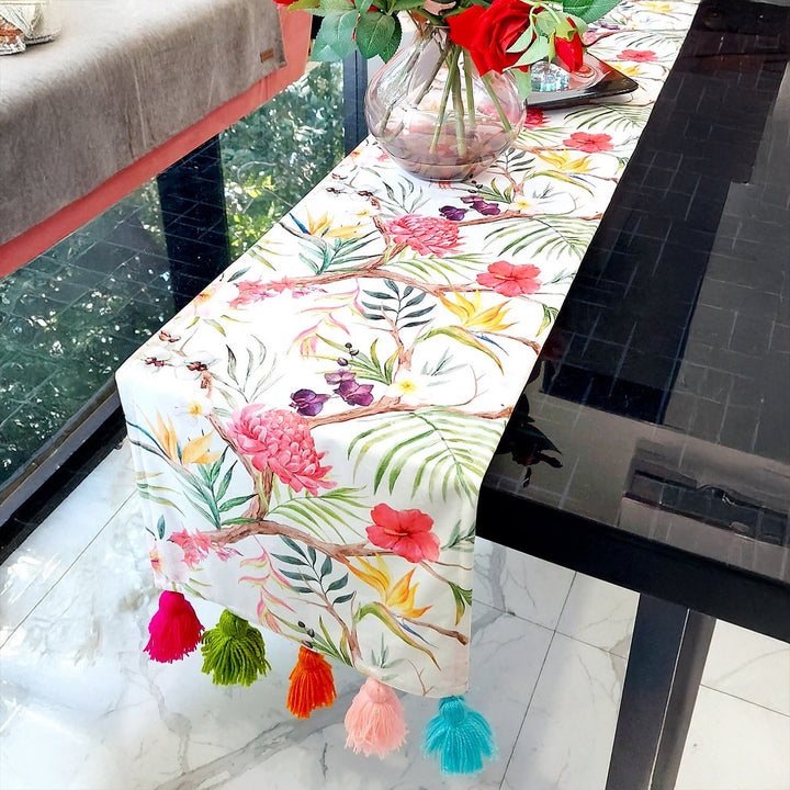 Tropical Floral Table Runner | Organic Linen | Multicolor Tassels | 92-305cm