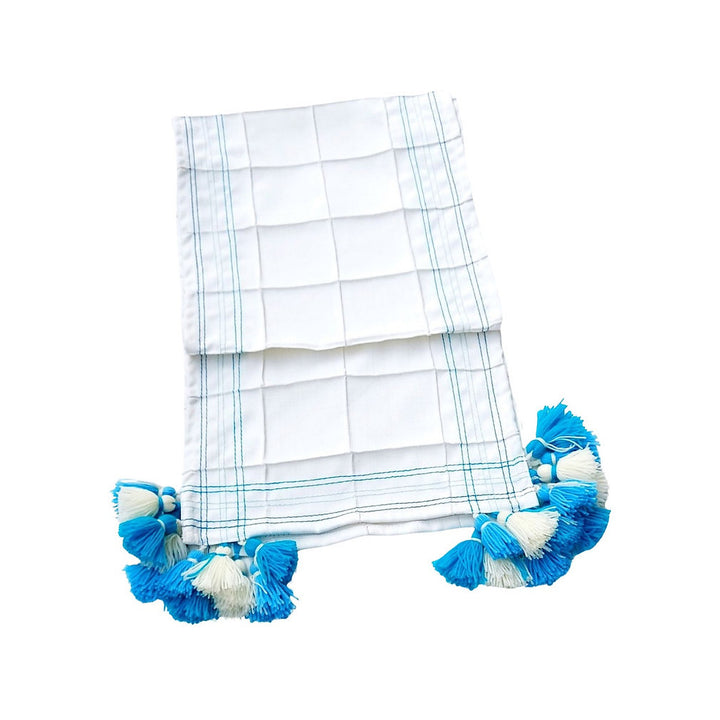 White Pintuck Linen Table Runner | Blue Accent Stitching | Tassel Trim | 92-305cm