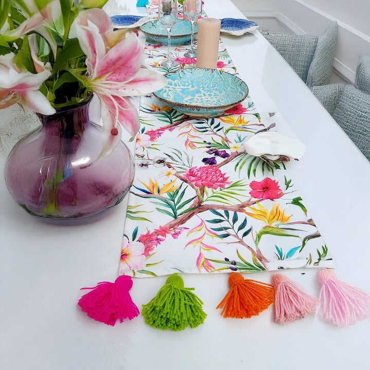 Tropical Floral Table Runner | Organic Linen | Multicolor Tassels | 92-305cm
