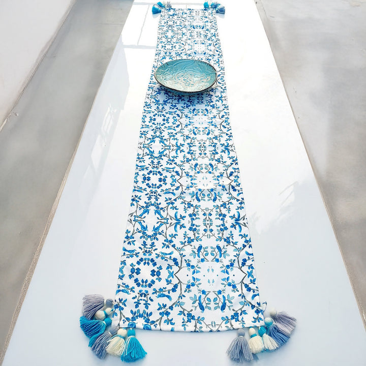 Blue Chinoiserie Table Runner | Linen | Tassels | 92-305cm