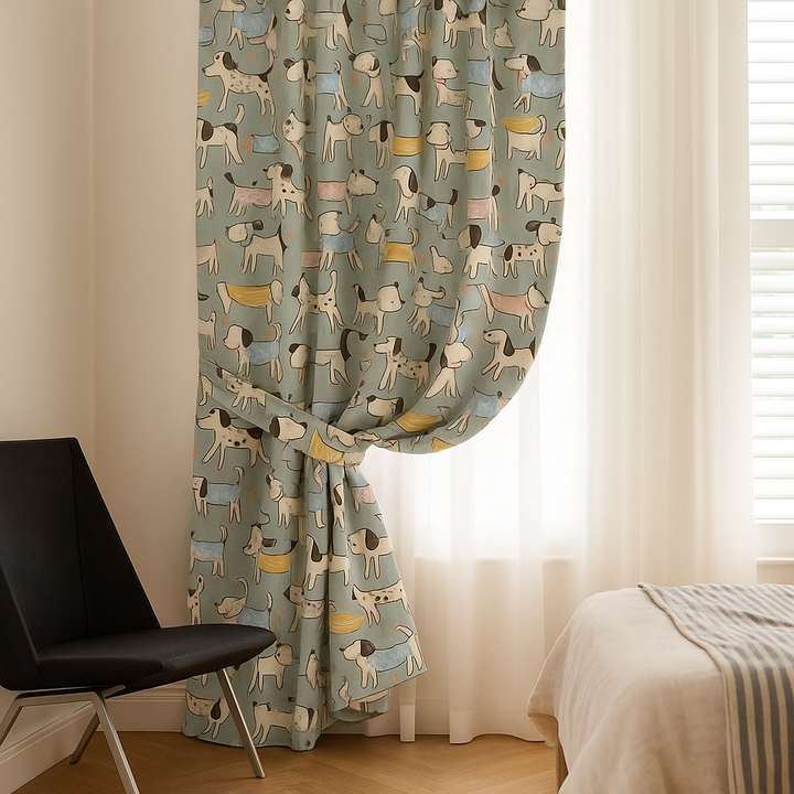 Puppy Parade Cotton Kids Curtains – Pastel Blue Dog Print Drapes, Light-Filtering or 100 % Blackout