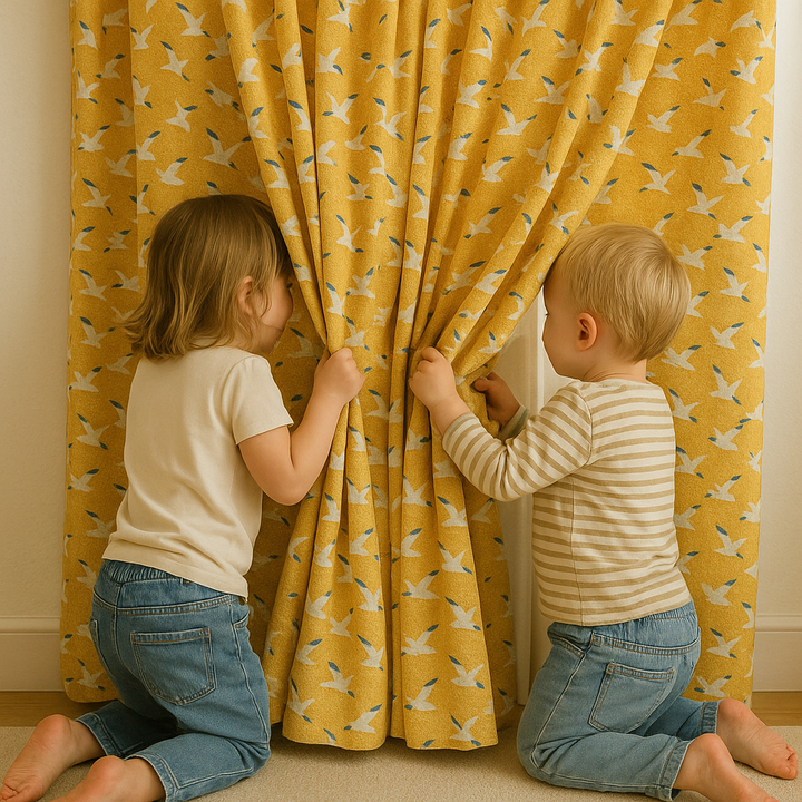Seagull Flight Cotton Kids Curtains – Mustard Coastal Drapes, Light-Filtering or 100 % Blackout