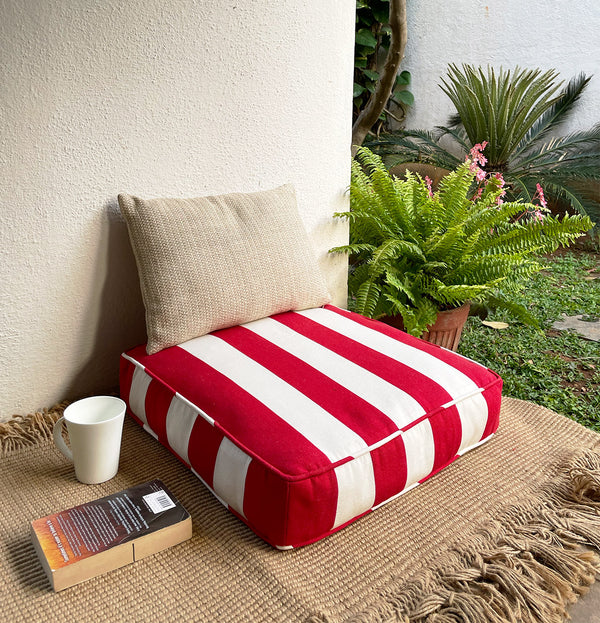 Large Striped Floor Cushion (20x20") for Lounging & Relaxation - Red & White Stripes - 100% Cotton - Eco-Friendly