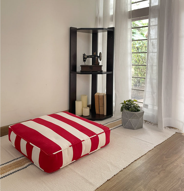 Large Striped Floor Cushion (20x20") for Lounging & Relaxation - Red & White Stripes - 100% Cotton - Eco-Friendly