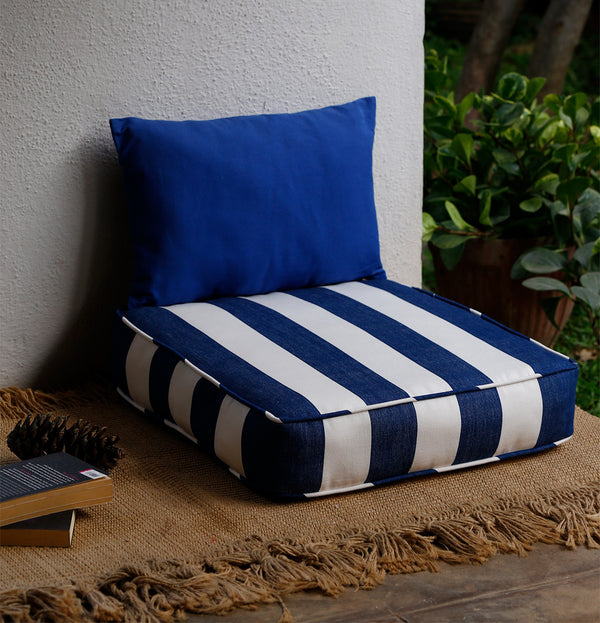 Large Square Floor Cushion | 100% Cotton | Thick & Comfortable | Blue & White Stripes | For Yoga & Meditation