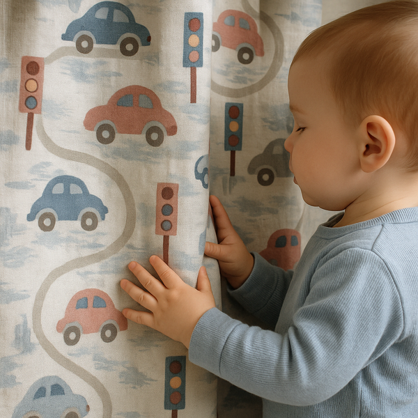 Pure Linen Kids Curtain with Playful Road & Car Print – Light Filtering or Blackout Liner | Standard Sizes & Made to Measure