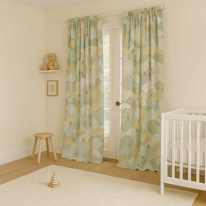 Linen Kids Curtains with Rolling Hills Countryside Pattern – 5 Colours – Blackout or Cotton Lined – Custom Sizes