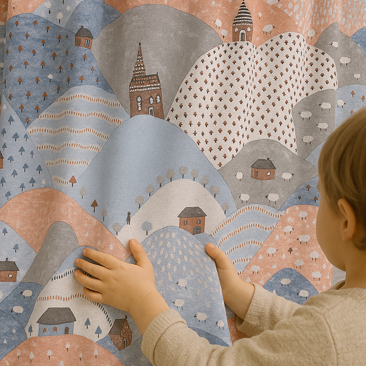 Linen Kids Curtains with Rolling Hills Countryside Pattern – 5 Colours – Blackout or Cotton Lined – Custom Sizes