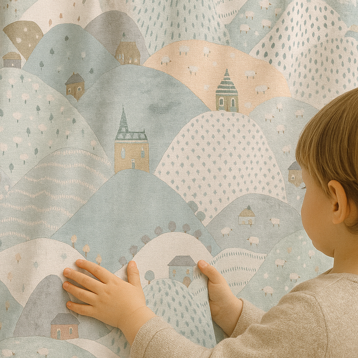 Linen Kids Curtains with Rolling Hills Countryside Pattern – 5 Colours – Blackout or Cotton Lined – Custom Sizes
