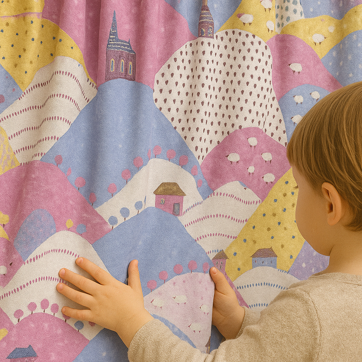 Linen Kids Curtains with Rolling Hills Countryside Pattern – 5 Colours – Blackout or Cotton Lined – Custom Sizes