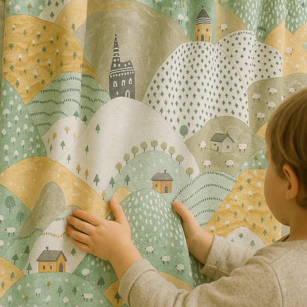 Linen Kids Curtains with Rolling Hills Countryside Pattern – 5 Colours – Blackout or Cotton Lined – Custom Sizes