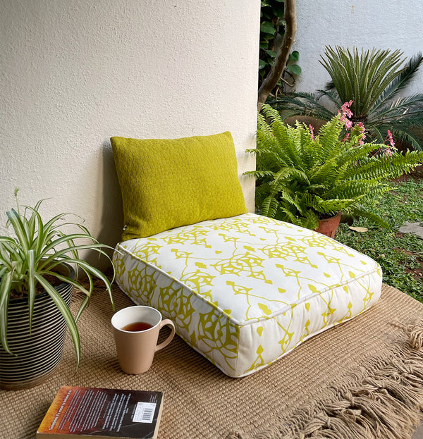 Large Patterned Floor Cushion (20x20") for Lounging & Meditation - Cream with Lime Green Design - 100% Cotton - Eco-Friendly