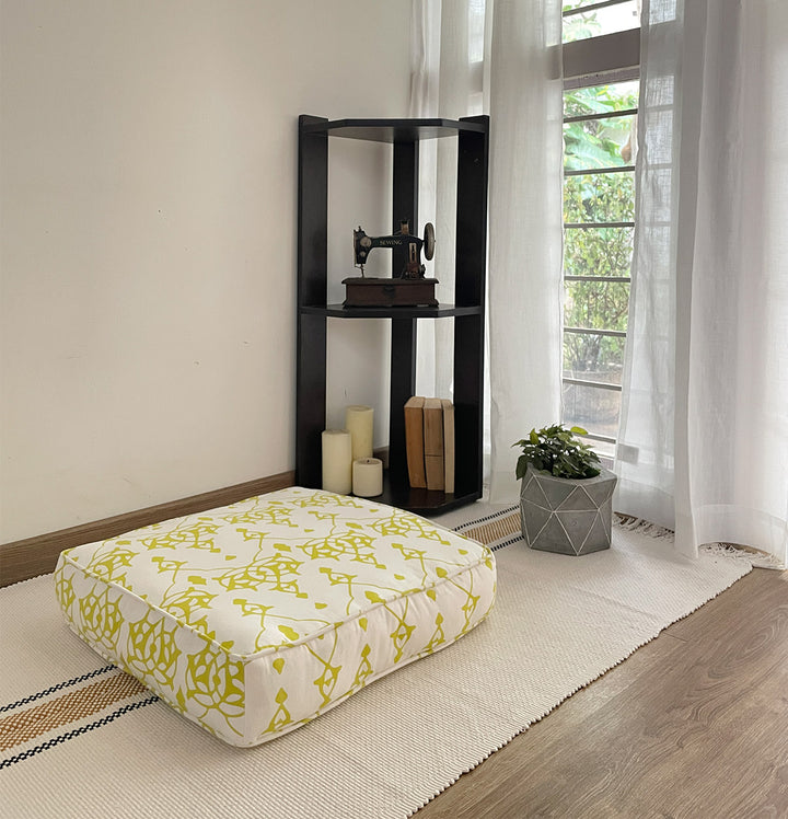 Large Patterned Floor Cushion (20x20") for Lounging & Meditation - Cream with Lime Green Design - 100% Cotton - Eco-Friendly