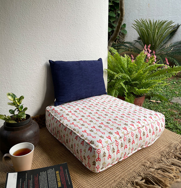 Large Patterned Floor Cushion (20x20") for Lounging & Meditation - Cream with Red Arrow Design - 100% Cotton - Eco-Friendly